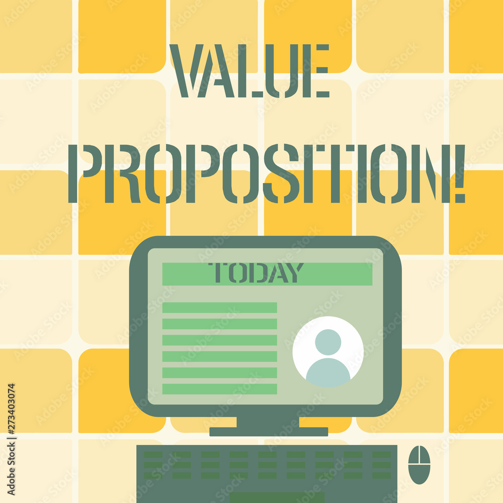 Conceptual hand writing showing Value Proposition. Concept meaning innovation service intended make product attractive Computer Mounted on Stand with Online Profile Data on Screen Conceptual hand writing showing Value Proposition. Concept meaning innovation service intended make product attractive Computer Mounted on Stand with Online Profile Data on Screen
