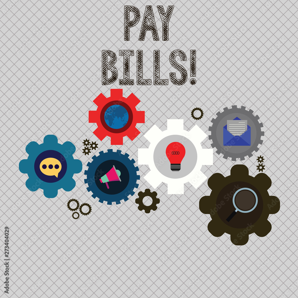 Writing note showing Pay Bills. Business concept for list of expenses to be paid total amount costs or expenses Set of Global Online Social Networking Icons Cog Wheel Gear Writing note showing Pay Bills. Business concept for list of expenses to be paid total amount costs or expenses Set of Global Online Social Networking Icons Cog Wheel Gear