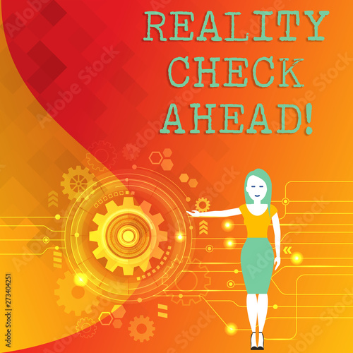 Word writing text Reality Check Ahead. Business photo showcasing Unveil truth knowing actuality avoid being sceptical Woman Standing and Presenting the SEO Process with Cog Wheel Gear inside