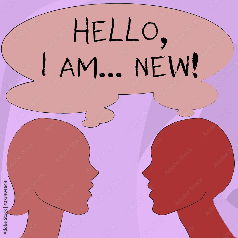 Text sign showing Hello I Am New. Business photo showcasing used greeting or begin telephone conversation Silhouette Sideview Profile Image of Man and Woman with Shared Thought Bubble
