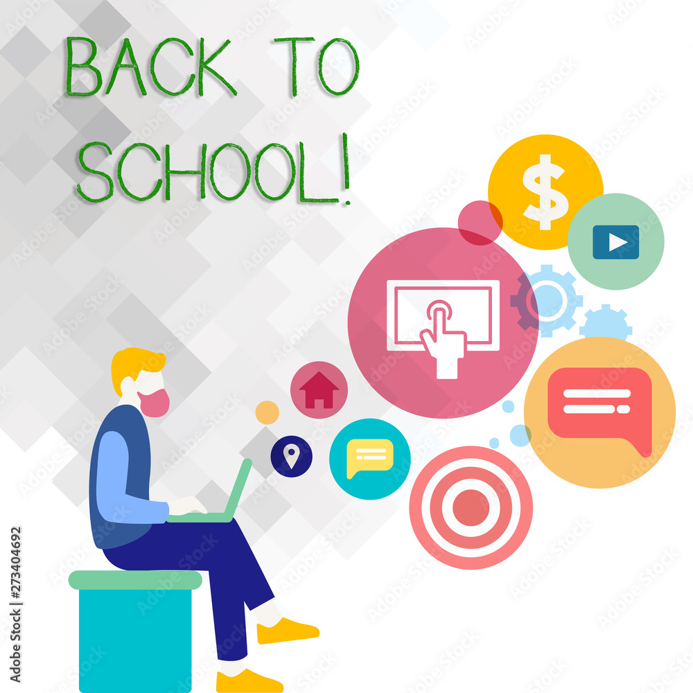 Text sign showing Back To School. Business photo showcasing Right time to purchase schoolbag, pen, book, stationary Man Sitting Down with Laptop on his Lap and SEO Driver Icons on Blank Space Text sign showing Back To School. Business photo showcasing Right time to purchase schoolbag, pen, book, stationary Man Sitting Down with Laptop on his Lap and SEO Driver Icons on Blank Space