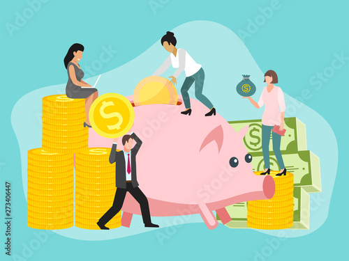 Save money people concept vector illustration. Saving dollar coin pig. Money charcters with gold cash in piggybank. Accounting earnings economic investing business man and woman.