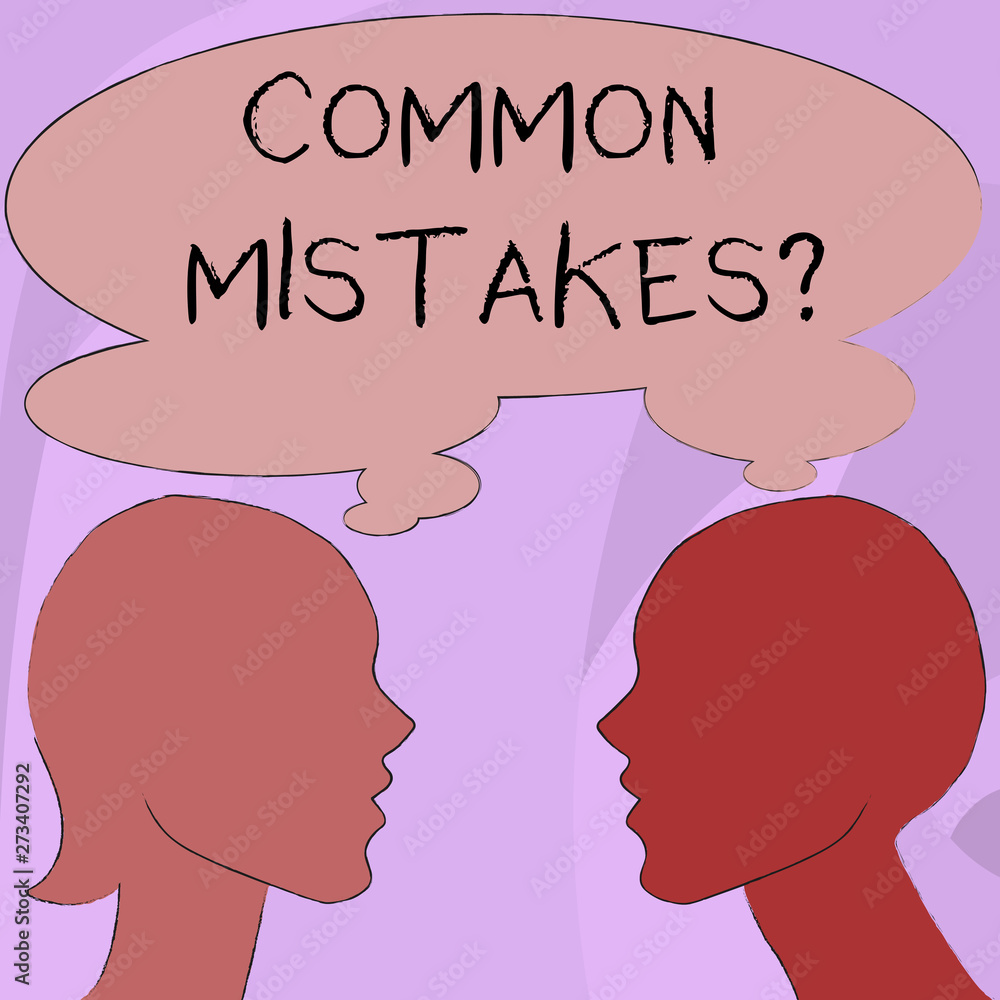 Text sign showing Common Mistakes Question. Business photo showcasing repeat act or judgement misguided making something wrong Silhouette Sideview Profile Image of Man and Woman with Shared Thought