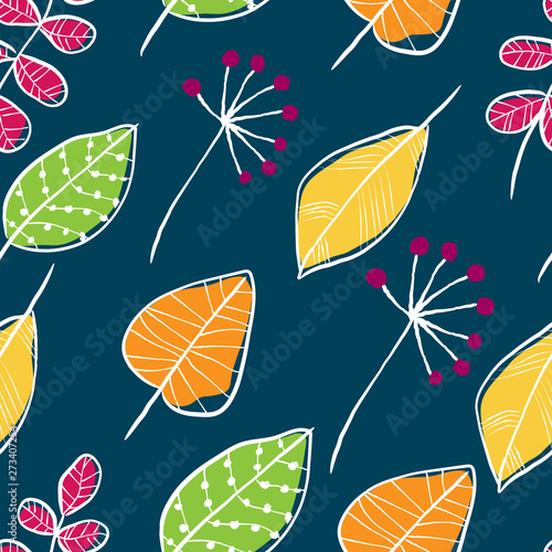 Vector simple autumn seamless pattern with leaves and berries. Scandinavian style. linear sketch  bright gay children s print.