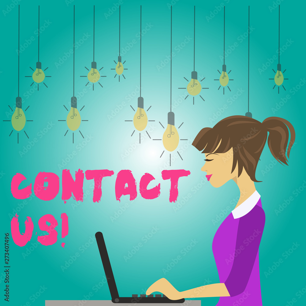 Word writing text Contact Us. Business photo showcasing individuals private or demonstratingal information demonstrating photo of Young Busy Woman Sitting Side View and Working on her Laptop