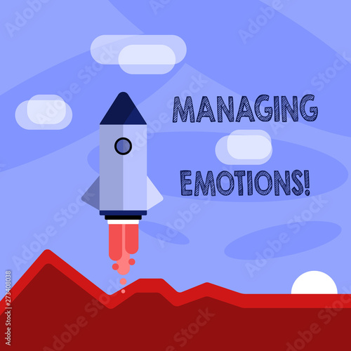 Word writing text Managing Emotions. Business photo showcasing ability be open to feelings and modulate them in oneself Colorful Spacecraft Shuttle Rocketship Launching for New Business Startup © Artur