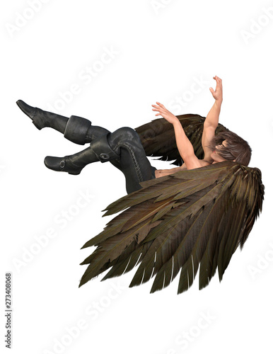Fotografie Fallen angel with wings, long hair, leath pants. 3d render