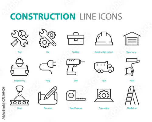 set of construction icons, such as engineer, working, tool