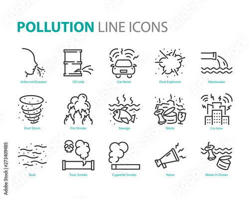set of pollution line icons, such as dust, noise, sewage, emission