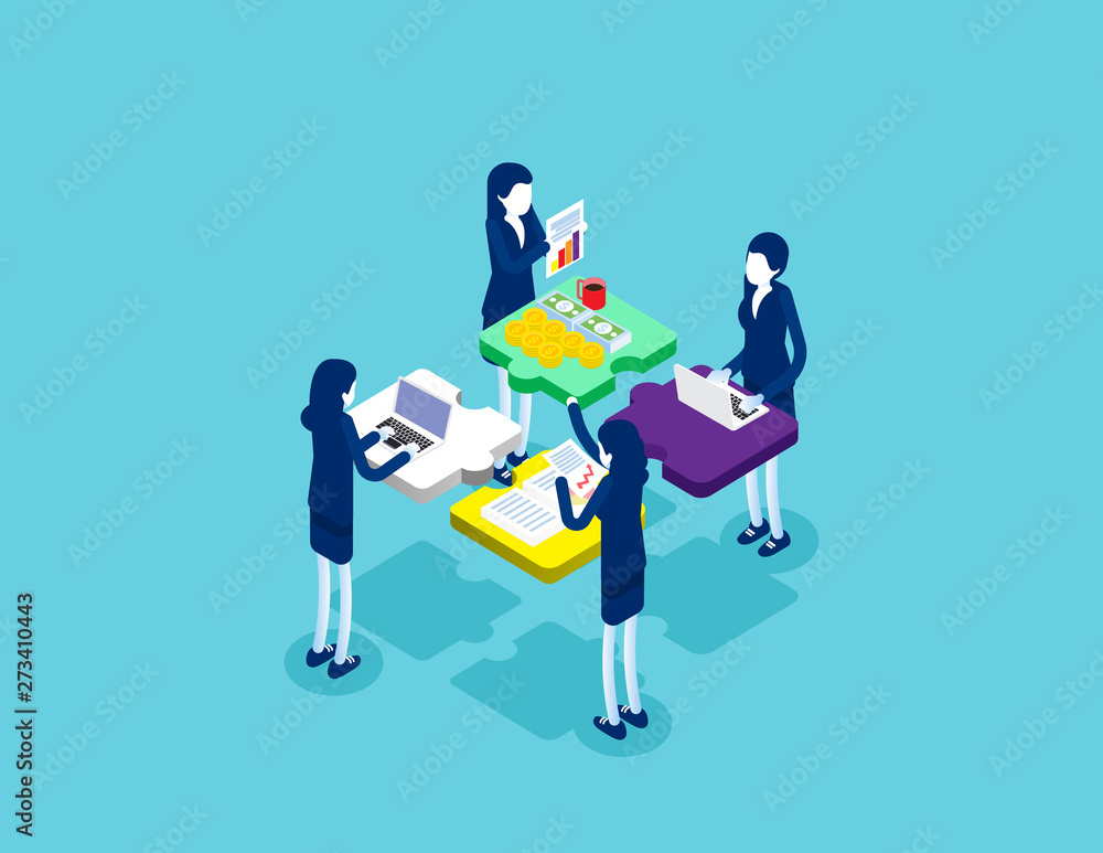 Cooperation by agency group to create a team. Concept isometric business startup vector illustration, Infographic of puzzle, Isometric flat cartoon character style design, Startup Teamwork. Cooperation by agency group to create a team. Concept isometric business startup vector illustration, Infographic of puzzle, Isometric flat cartoon character style design, Startup Teamwork.