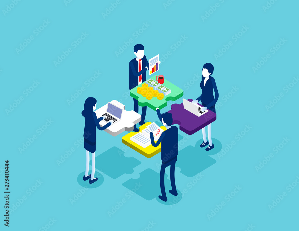 Obraz premium Cooperation by agency group to create a team. Concept isometric business startup vector illustration, Infographic of puzzle, Isometric flat cartoon character style design, Startup Teamwork.