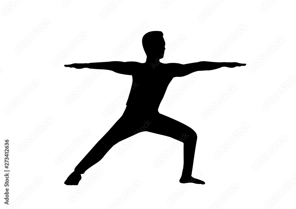 isolated silhouette man with warrior ii pose in yoga concept isolated silhouette man with warrior ii pose in yoga concept
