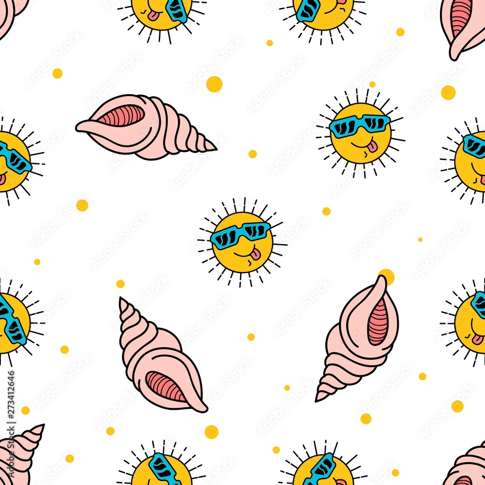 Seamless Pattern of Funny Sun and Sea Shell hand drawn in cute colorfull doodle vector Seamless Pattern of Funny Sun and Sea Shell hand drawn in cute colorfull doodle vector