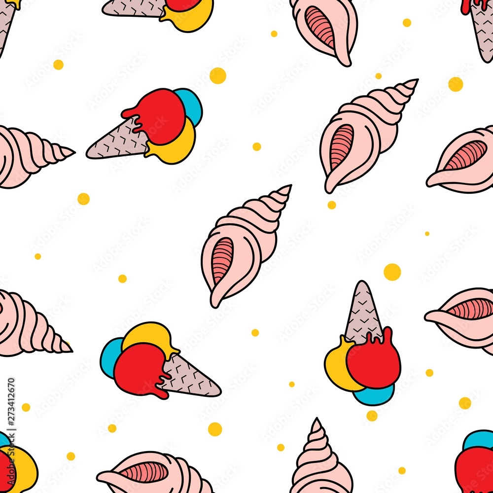 Seamless Pattern of beach Sea Shell and Ice Cream hand drawn in cute colorfull doodle vector Seamless Pattern of beach Sea Shell and Ice Cream hand drawn in cute colorfull doodle vector