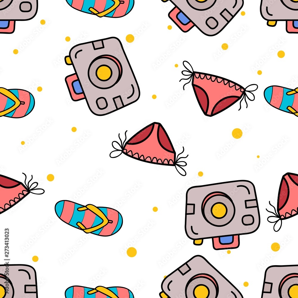Seamless Pattern of Pocket Camera, bikini and flipflop hand drawn in cute colorfull doodle vector Seamless Pattern of Pocket Camera, bikini and flipflop hand drawn in cute colorfull doodle vector