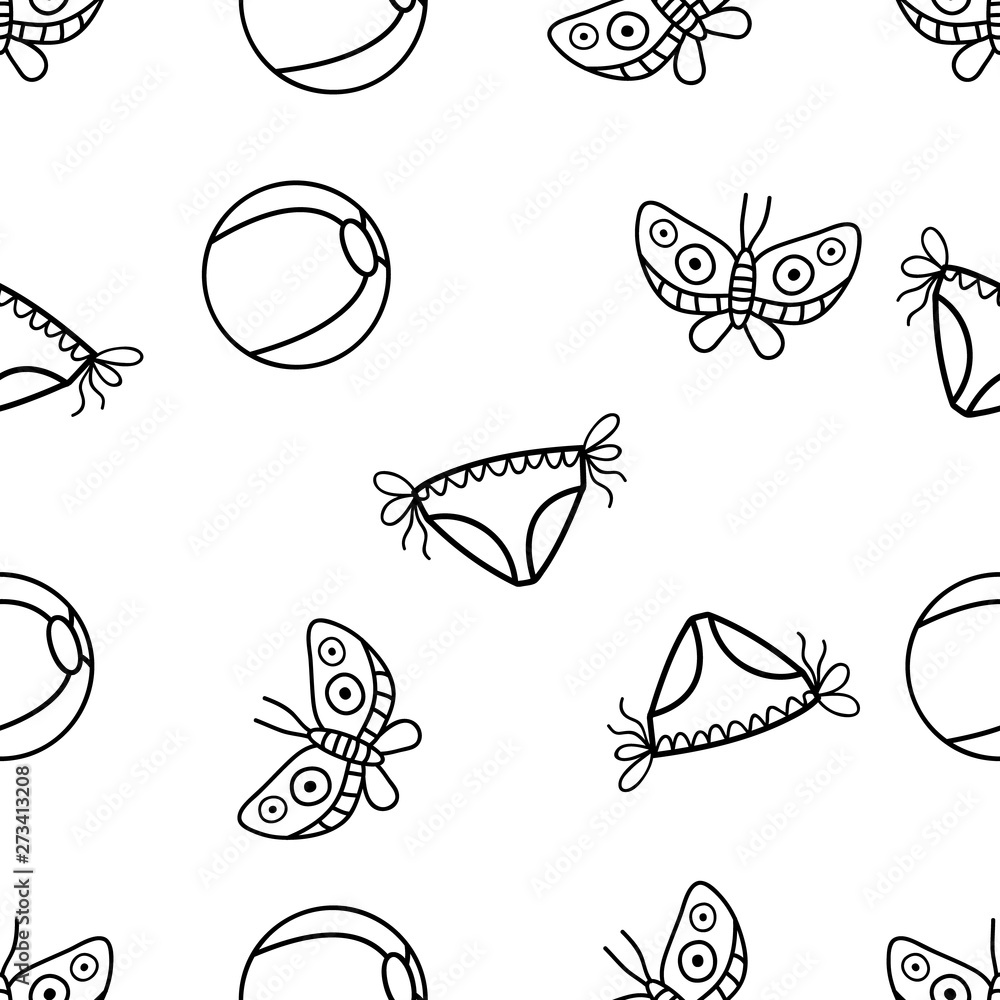 Seamless Pattern of butterfly,beach bikini and beachball hand drawn in black and white doodle vector with ice cream cone as an additional Seamless Pattern of butterfly,beach bikini and beachball hand drawn in black and white doodle vector with ice cream cone as an additional