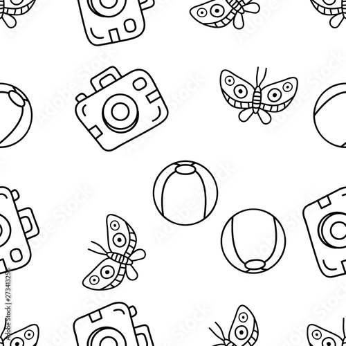 Seamless Pattern of butterfly,beachball and pocket camera hand drawn in black and white doodle vector with ice cream cone as an additional