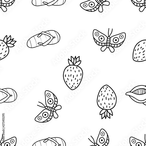 Seamless Pattern of butterfly, strawberry and sea shell hand drawn in black and white doodle vector with ice cream cone as an additional