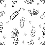 Seamless Pattern of Butterfly,flipflop and Popsicle hand drawn in black and white doodle vector with starfish as a additional