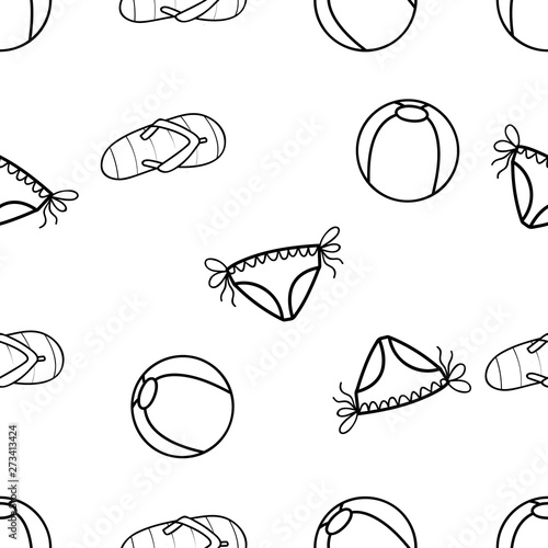 Seamless Pattern of Beachball, Beach Bikini and flipflop hand drawn in black and white doodle vector with ice cream cone as an additional