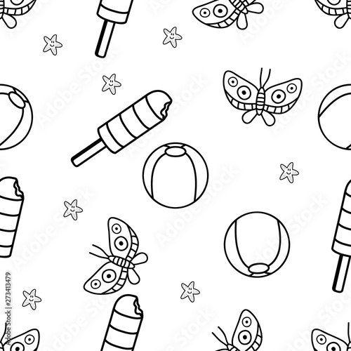 Seamless Pattern of Butterfly,beachball and Popsicle hand drawn in black and white doodle vector with starfish as a additional