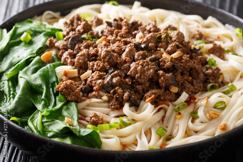 Sichuan Dan Dan Noodles with minced meat and greens closeup in a plate. horizontal photo