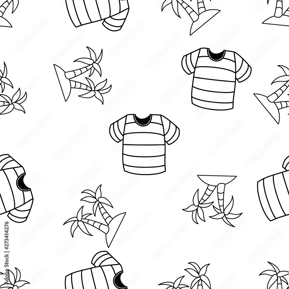 Seamless Pattern of summer T-shirt and palm tree hand drawn in black and white doodle vector Seamless Pattern of summer T-shirt and palm tree hand drawn in black and white doodle vector