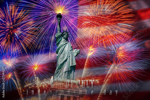 Statue of Liberty with Independence day 4th july text over the Multicolor Fireworks Celebrate with the United state of America USA flag background