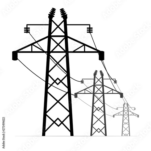 High voltage electric poles. Power line towers.