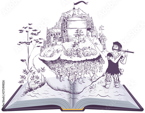 Pied piper of Hamelin open book illustration fairy tale