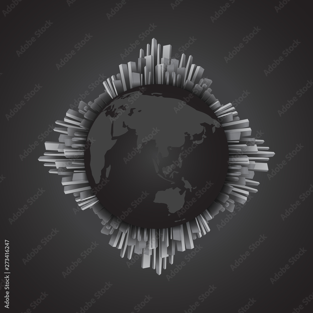 Abstract black and white building around the globe, world map. Monochrome theme. EPS10, VECTOR, Illustration.