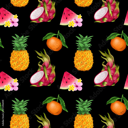 Fototapeta Naklejka Na Ścianę i Meble -  Tropical fruits pattern. Isolated elements on dark background. Watermelon, pineapple, mandarin, dragon fruit, tropical leafs and flowers. Perfect for textile, fabric, wallpaper.
