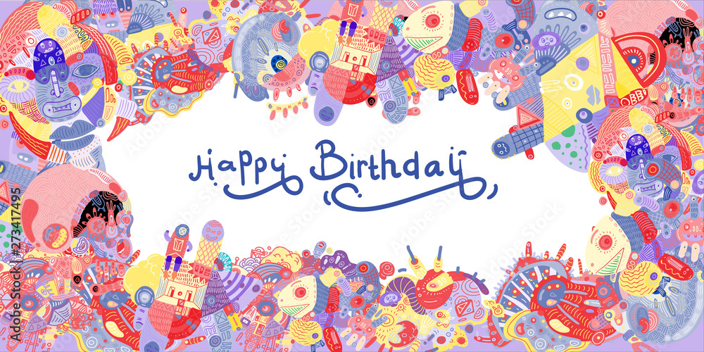 Naklejka premium Happy Birthday Greeting Card with Abstract Doodle Illustration Background