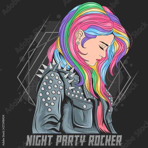 GIRL UNICORN FULL COLOUR HAIR WITH ROCKER JACKET PUNKER STYLE VECTOR EPS TSHIRT ARTWORK
