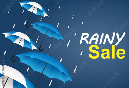 rainy , monsoon season sale. design with raining drops and umbrella on blue background. vector.