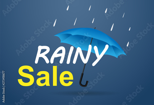 rainy , monsoon season sale. design with raining drops and umbrella on blue background. vector.