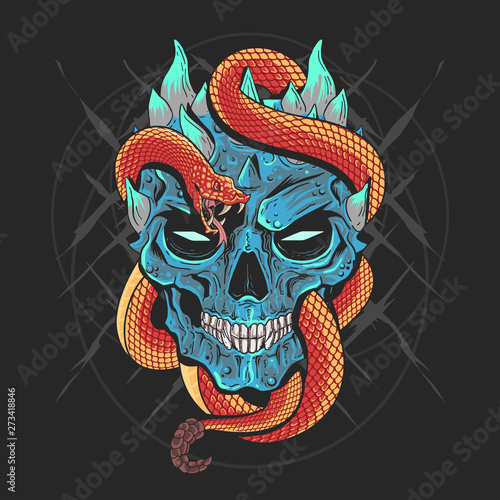 SKULL HEAD PUNK AND SNAKE ARTWORK DETAIL VECTOR WITH EDITABLE LAYERS GOOD FOR TSHIRT DESIGN AND ELEMENT HOROR AND 