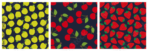 Apple, cherry and strawberry. Fruit seamless pattern set. Fashion design. Food print for clothes, linens or curtain. Hand drawn vector sketch background collection