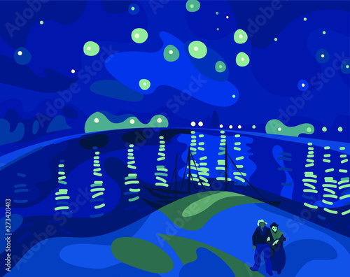Vector illustration inspired by the painting of Vincent Van Gogh .Landscape with starry sky abstract background. 