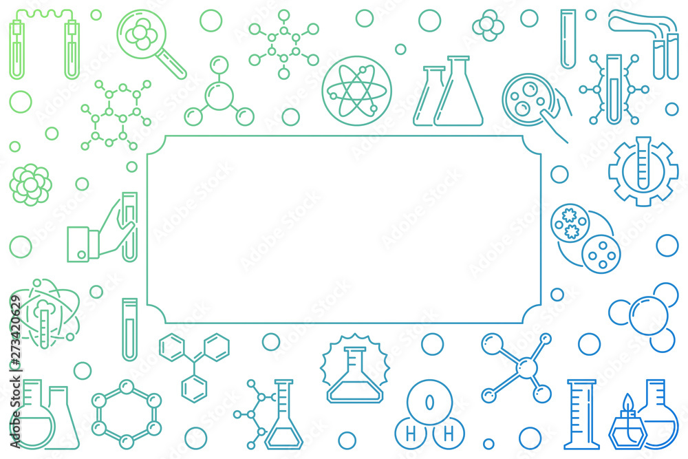 Vector colorful horizontal frame with Chemistry icons in thin line style. Chemical concept background