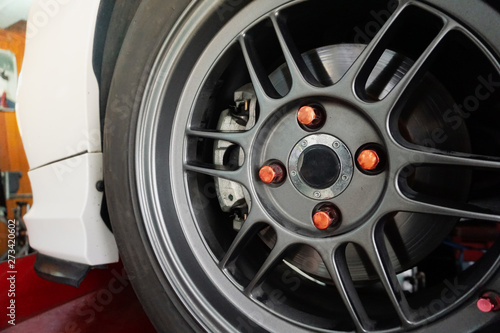 Close up Wheel Vehicle. Car wheel and brake system Close up
