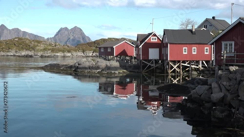 Fisherman's house on the shore of the fjord. Lofoten Islands. Norway.