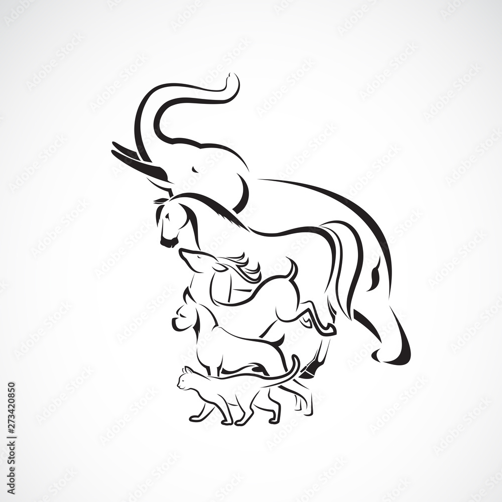 Obraz premium Vector group of animal design - Elephant, Horse, Deer, Dog, Cat, isolated on white background., Animal logo or Icon, Easy editable layered vector illustration.