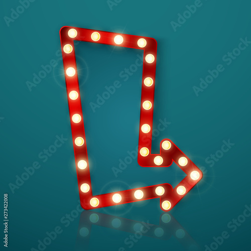 Retro banner with shining lights. Vintage billboard or bright signboard with reflection. Shining arrow banner sign. Vector illustration