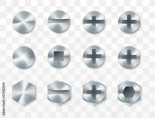 Screws, rivets and bolts set. Vector illustration isolated on transparent background