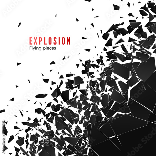 Abstract cloud of pieces and fragments after wall explosion. Shatter and destruction effect. Vector illustration isolated on white background photo