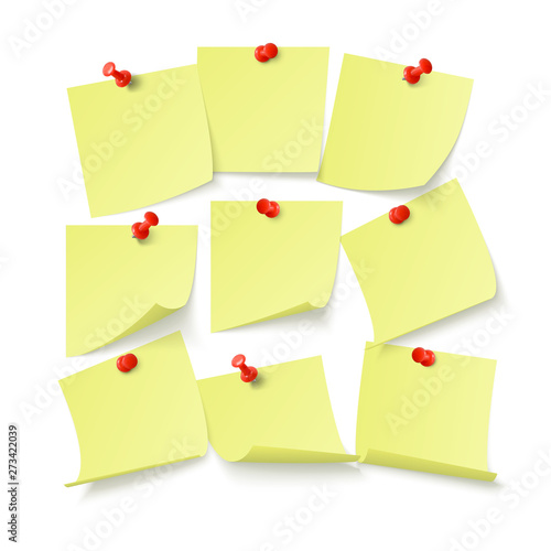 Set of yellow stickers with space for text or message stuck by clip to wall. Vector illustration isolated on white background