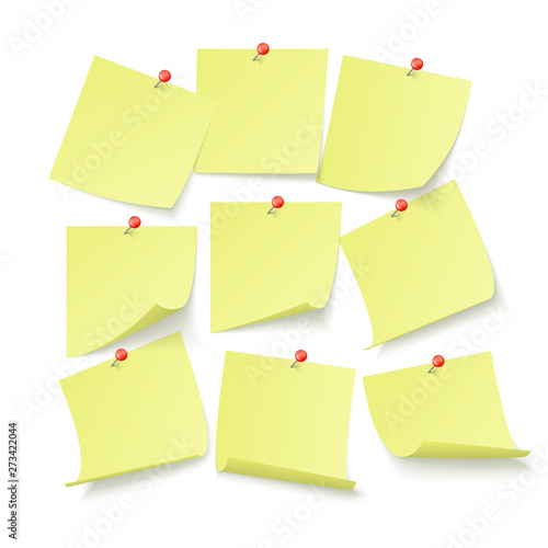 Set of yellow office stickers with space for text attached by neeples to wall. Vector illustration isolated on white background