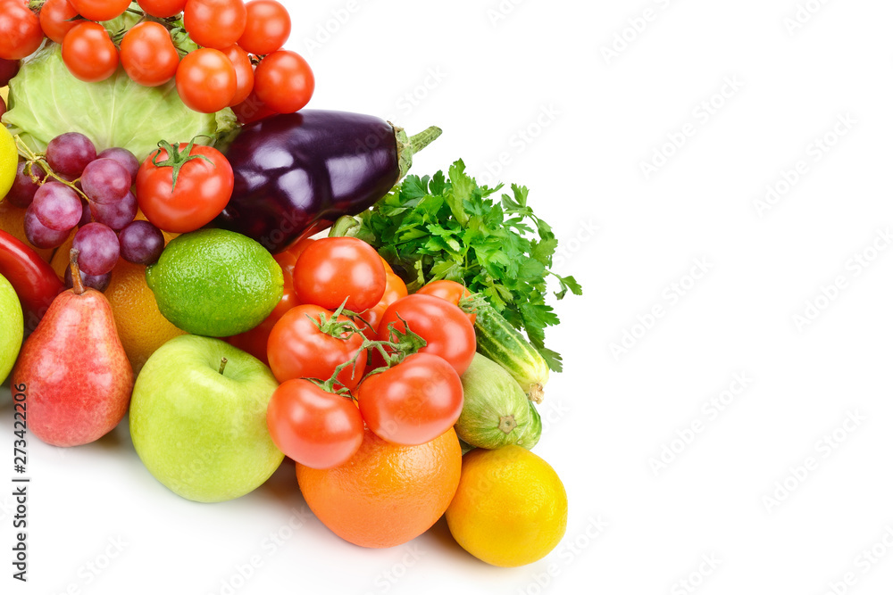 Fruits and vegetables isolated on white background. Free space for text. Fruits and vegetables isolated on white background. Free space for text.