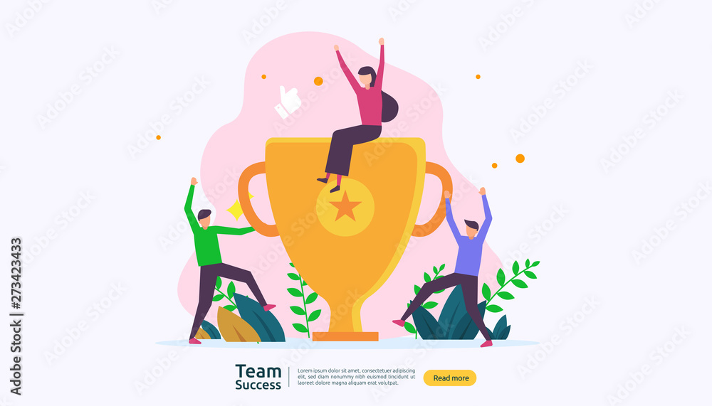 Fototapeta premium Team success with trophy cup. winning teamwork concept. Together achievement with people character for web landing page template, banner, presentation, social, poster, ad, promotion or print media